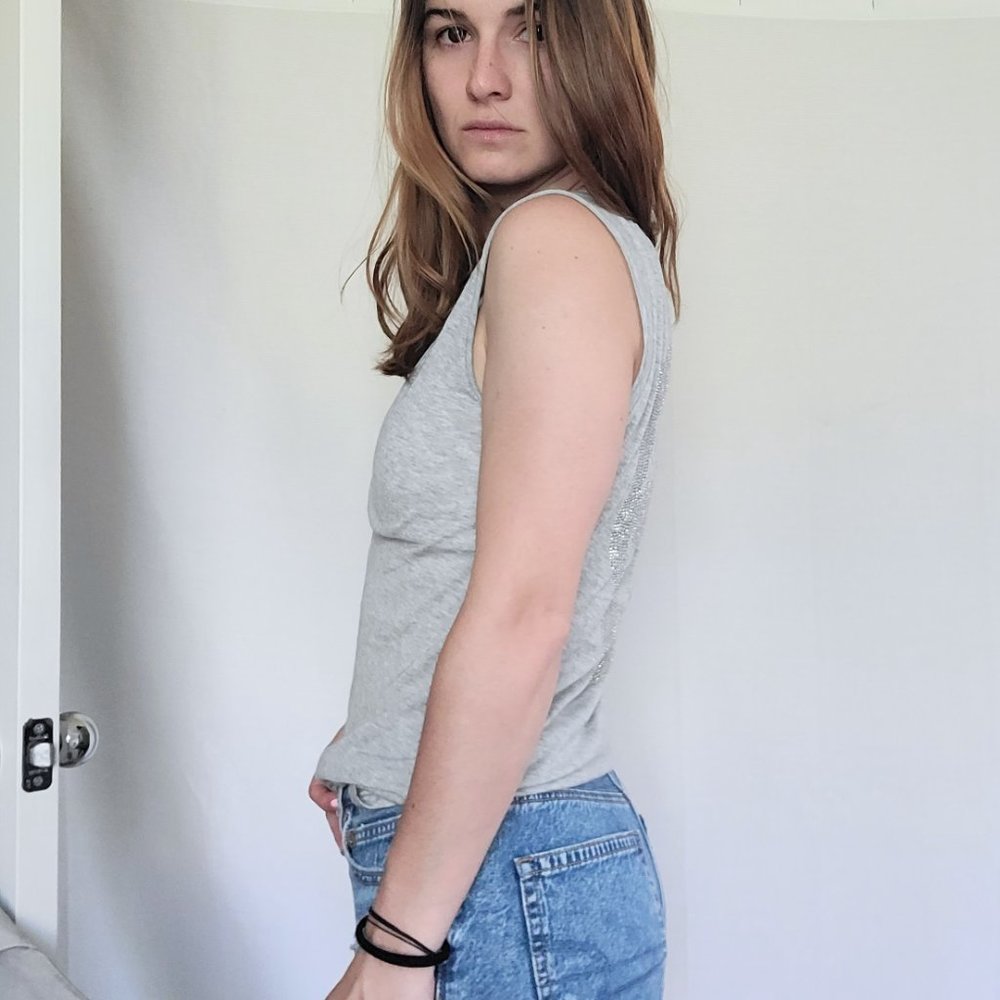 Zadig & Voltaire Brooklyn Skull Rhinestone Back Gray V-Neck Sleeveless Tee Small - Picture 4 of 9